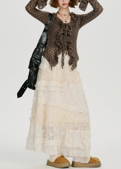 Elegant Coffee Ruffled Hollow Out Knit Shirts Flare Sleeve