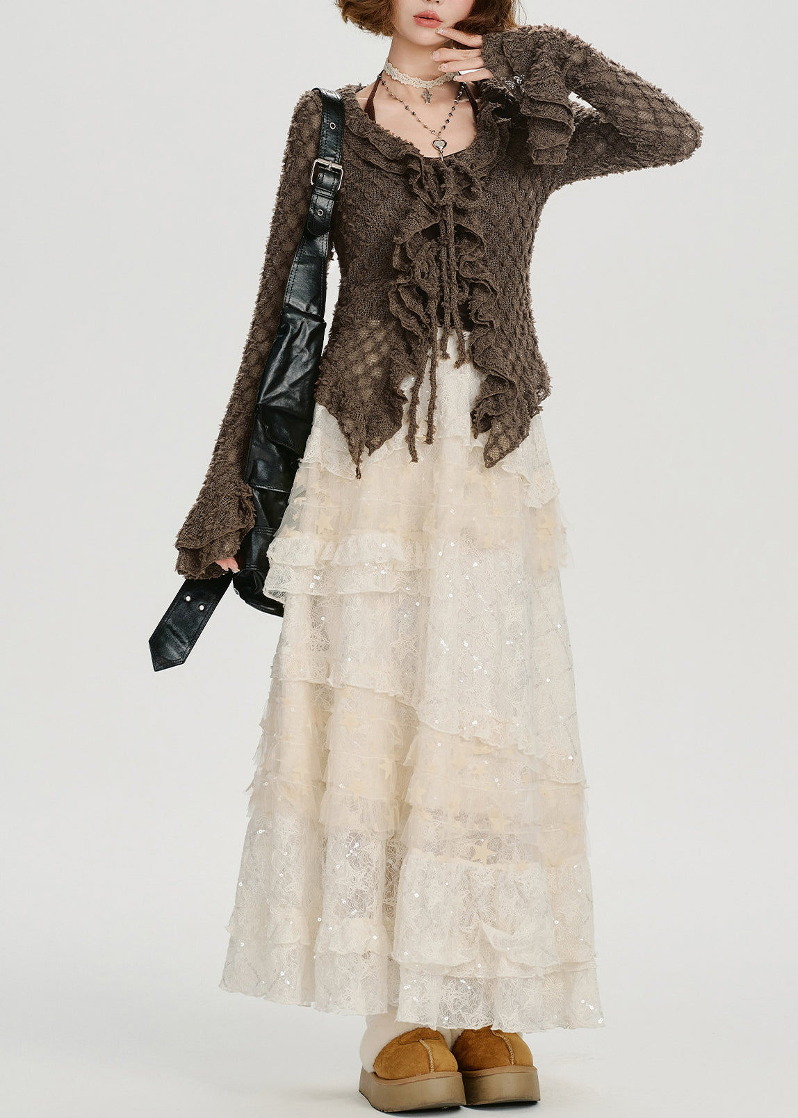 Elegant Coffee Ruffled Hollow Out Knit Shirts Flare Sleeve