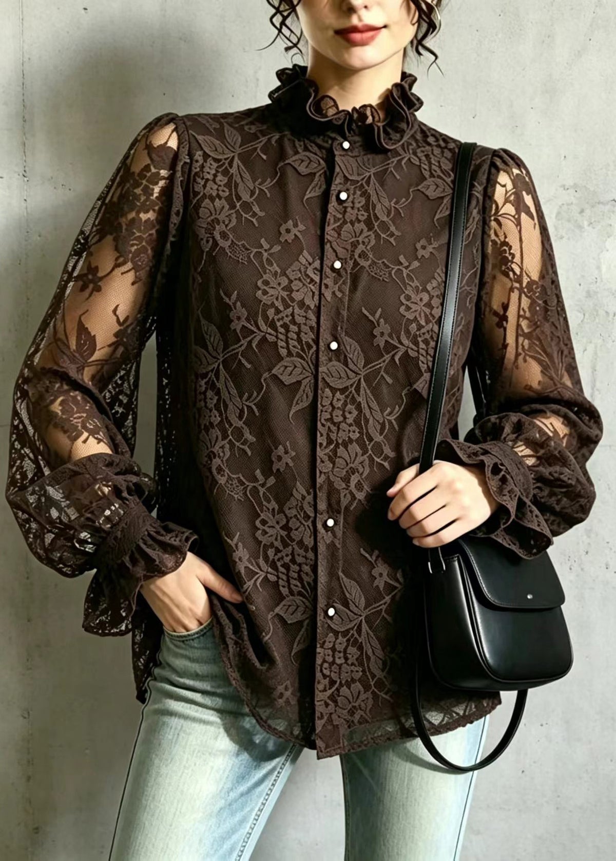 Elegant Coffee Ruffled Stand Collar Sheer Lace Blouse Top Long sleeve