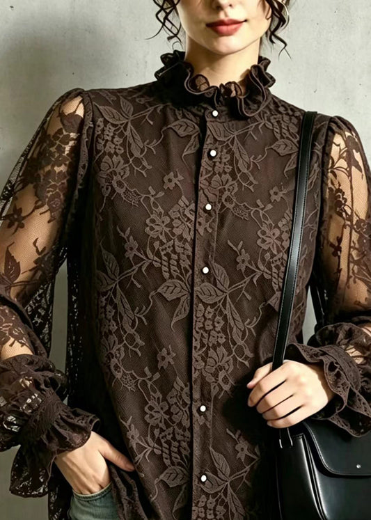 Elegant Coffee Ruffled Stand Collar Sheer Lace Blouse Top Long sleeve