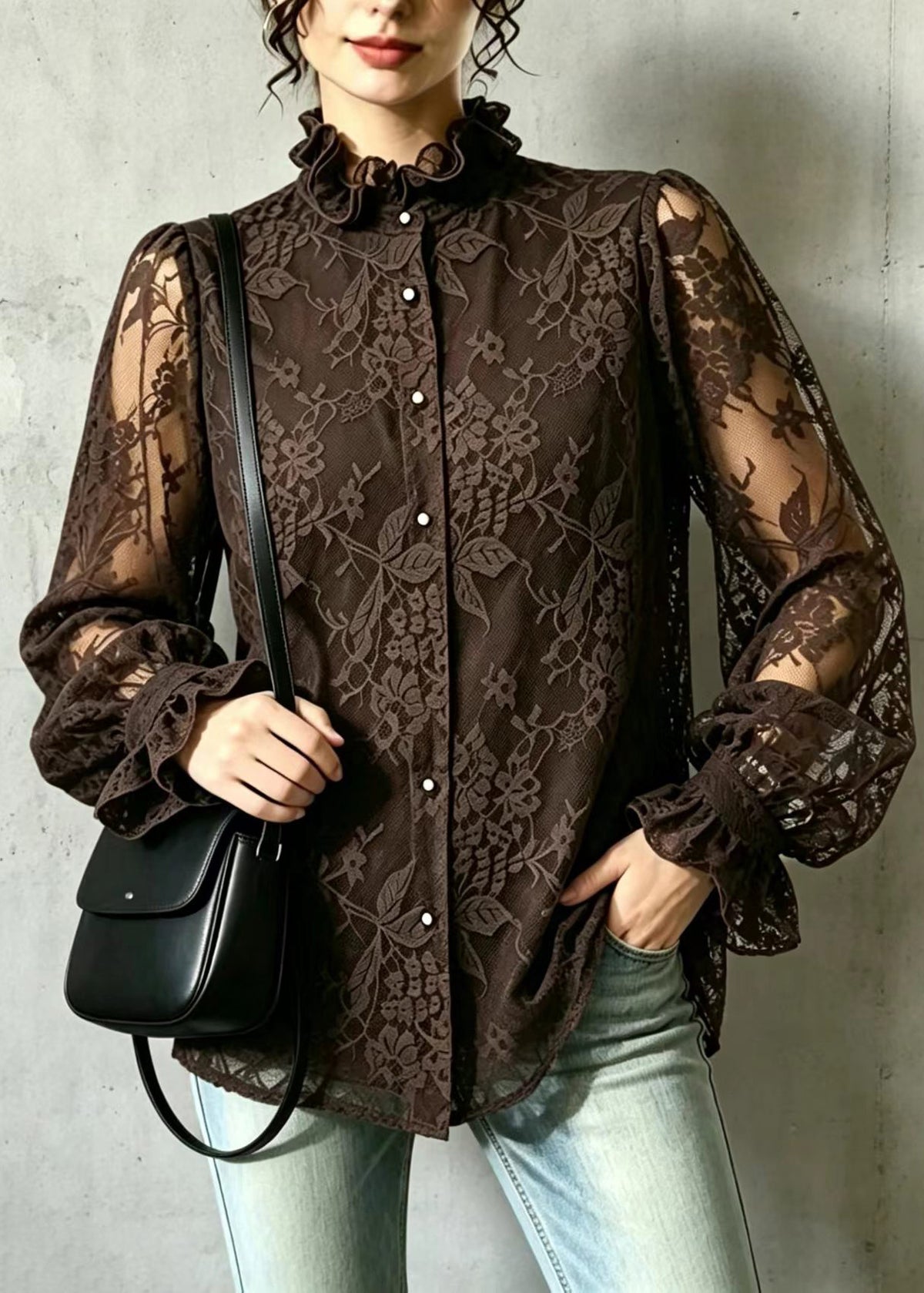Elegant Coffee Ruffled Stand Collar Sheer Lace Blouse Top Long sleeve