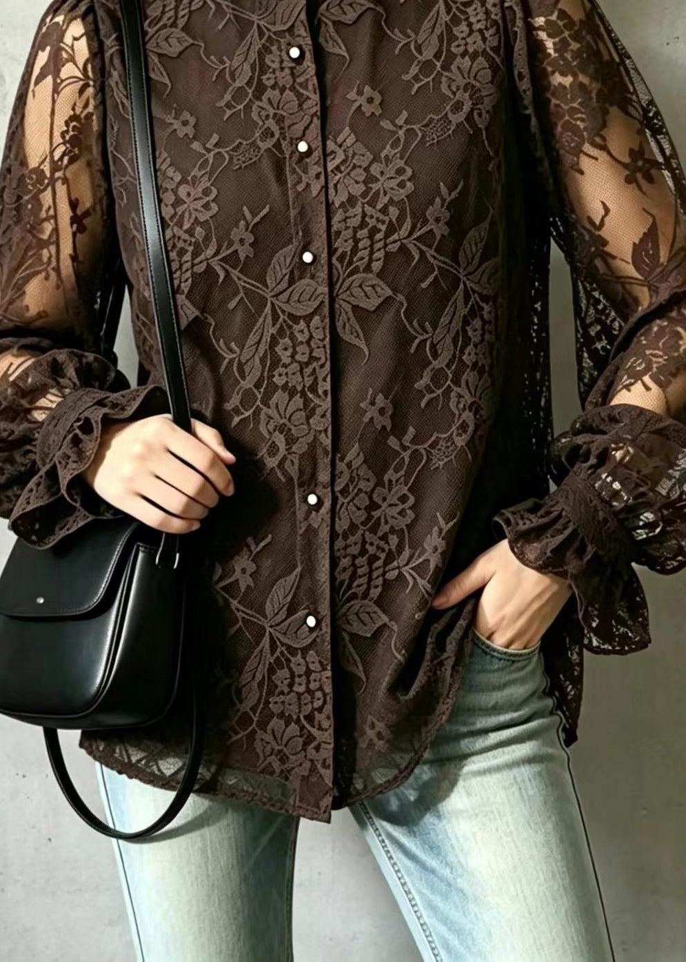 Elegant Coffee Ruffled Stand Collar Sheer Lace Blouse Top Long sleeve