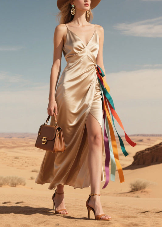 Elegant Coffee Side Open Multicolour Ribbon Silk Sundress Summer