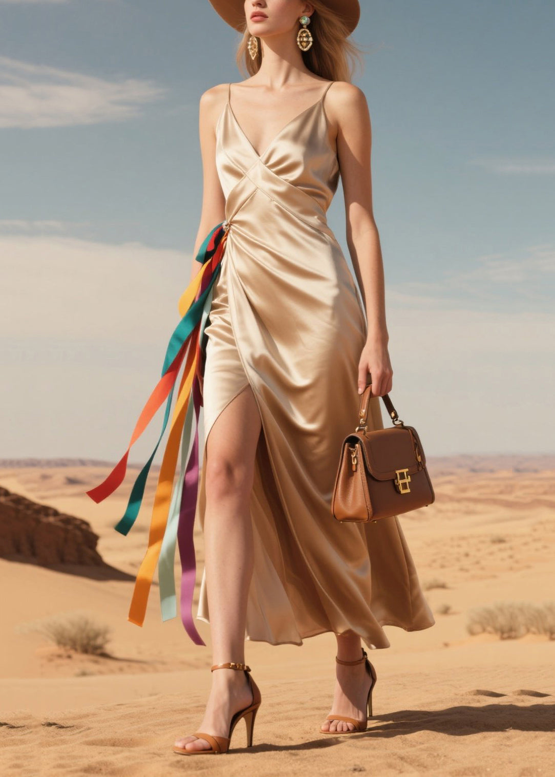 Elegant Coffee Side Open Multicolour Ribbon Silk Sundress Summer