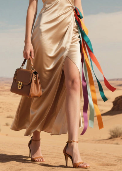 Elegant Coffee Side Open Multicolour Ribbon Silk Sundress Summer