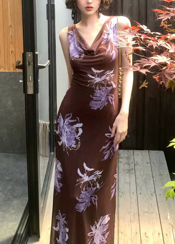Elegant Coffee Slash Neck Print Maxi Dress Summer