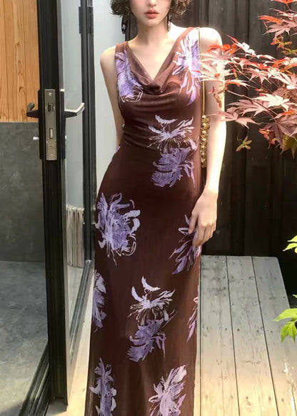 Elegant Coffee Slash Neck Print Maxi Dress Summer