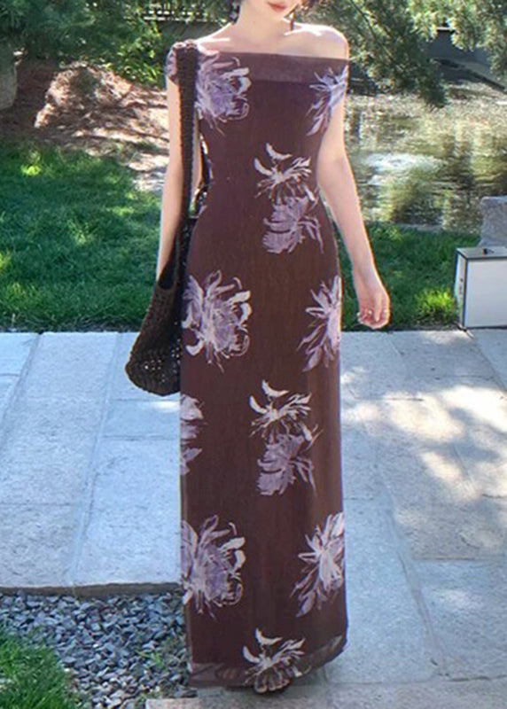Elegant Coffee Slash Neck Print Maxi Dress Summer