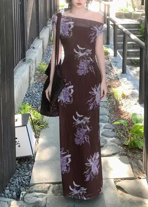 Elegant Coffee Slash Neck Print Maxi Dress Summer