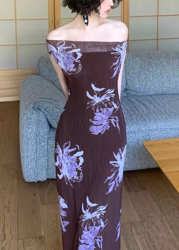 Elegant Coffee Slash Neck Print Maxi Dress Summer