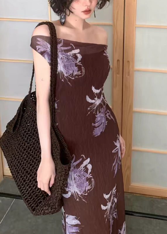 Elegant Coffee Slash Neck Print Maxi Dress Summer