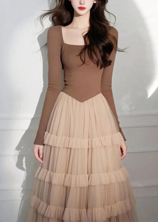Elegant Coffee Square Collar Tulle Patchwork Long Cake Dress Spring