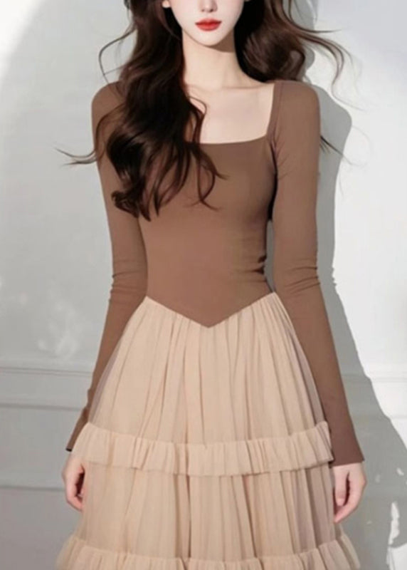 Elegant Coffee Square Collar Tulle Patchwork Long Cake Dress Spring