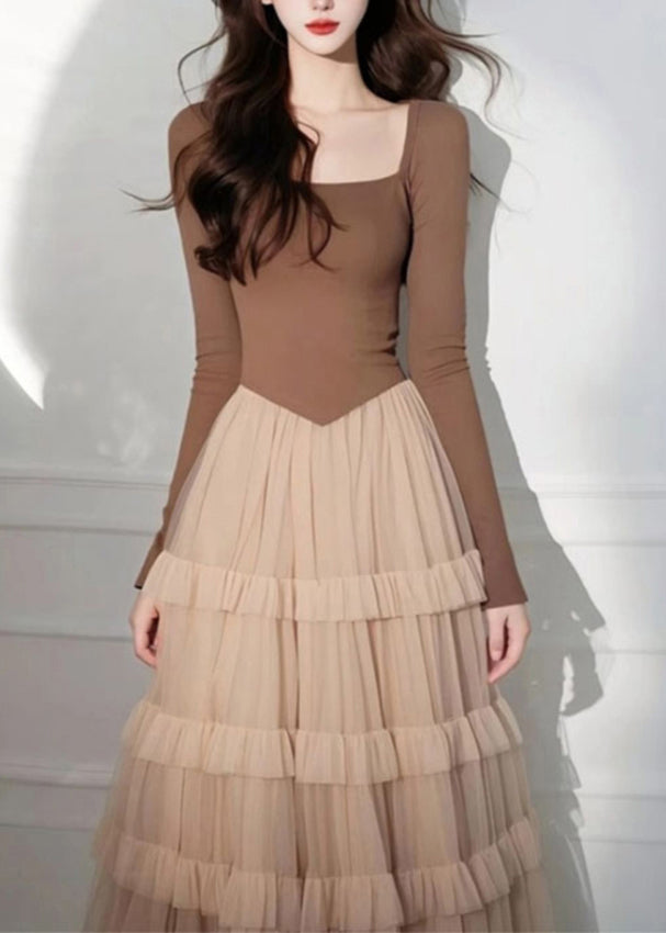 Elegant Coffee Square Collar Tulle Patchwork Long Cake Dress Spring