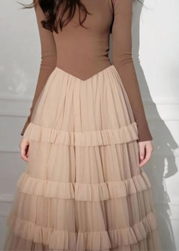 Elegant Coffee Square Collar Tulle Patchwork Long Cake Dress Spring