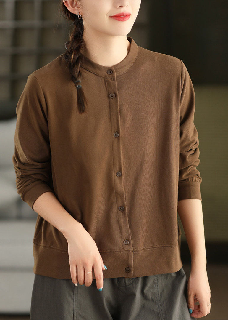 Elegant Coffee Stand Collar Cotton Shirts Fall