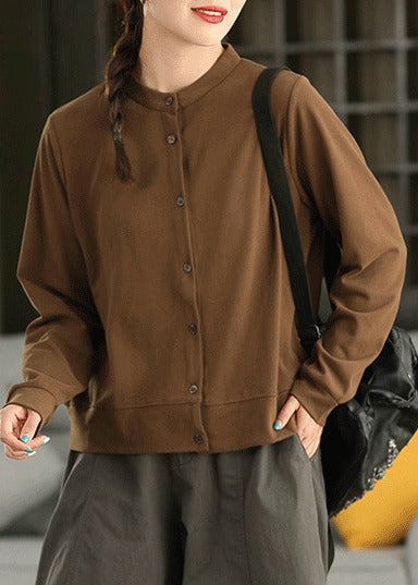 Elegant Coffee Stand Collar Cotton Shirts Fall