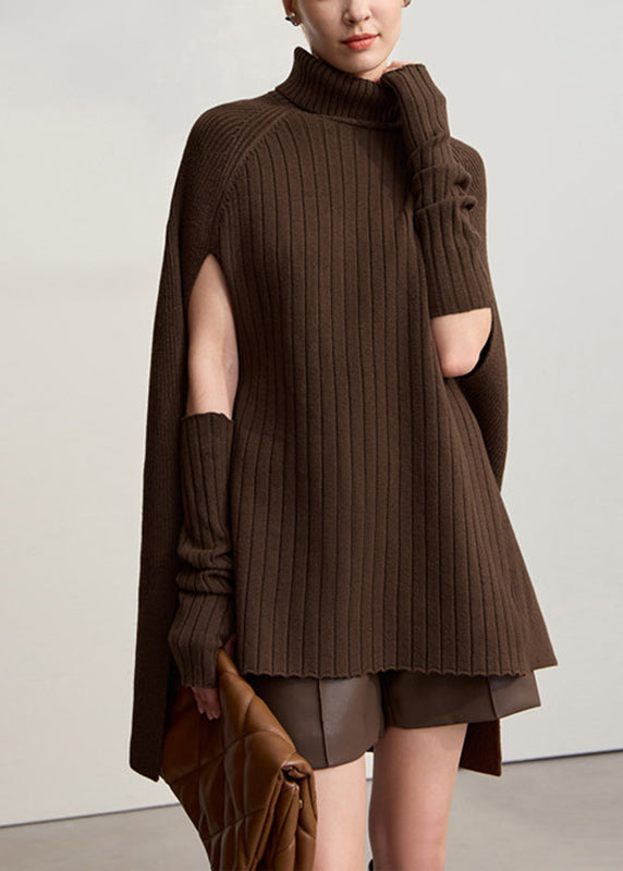 Elegant Coffee Turtleneck Patchwork Cotton Knit Sweater Tops Long Sleeve