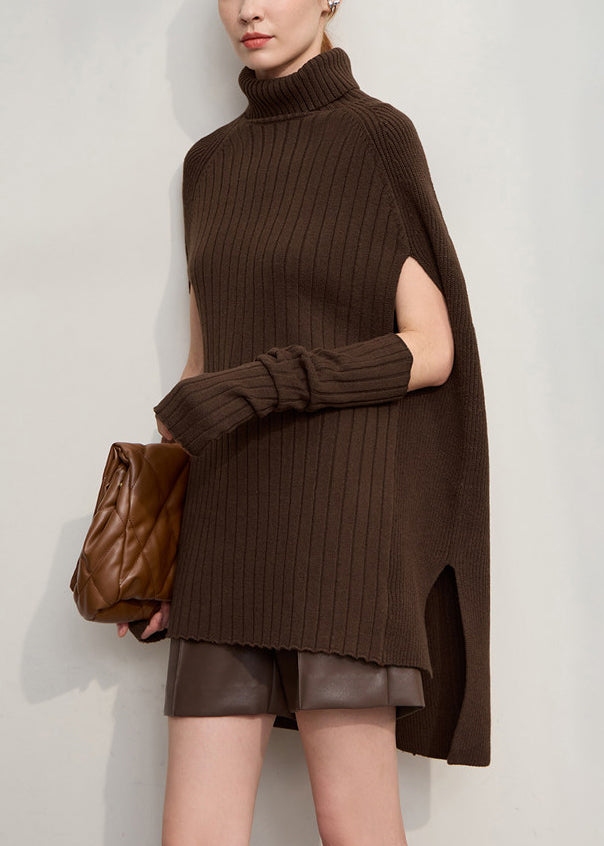 Elegant Coffee Turtleneck Patchwork Cotton Knit Sweater Tops Long Sleeve