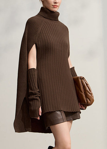 Elegant Coffee Turtleneck Patchwork Cotton Knit Sweater Tops Long Sleeve