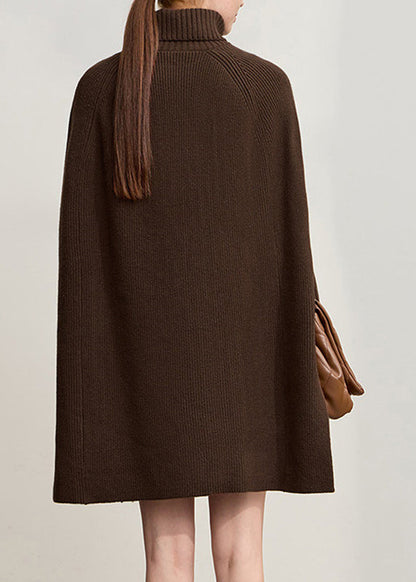 Elegant Coffee Turtleneck Patchwork Cotton Knit Sweater Tops Long Sleeve