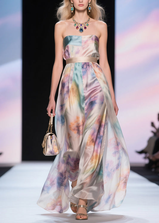 Elegant Cold Shoulder Tunic Silk Maxi Spaghetti Strap Dress Summer