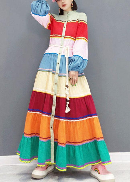 Elegant Color Block Button Patchwork Holiday Dress Fall Long Sleeve - SooLinen