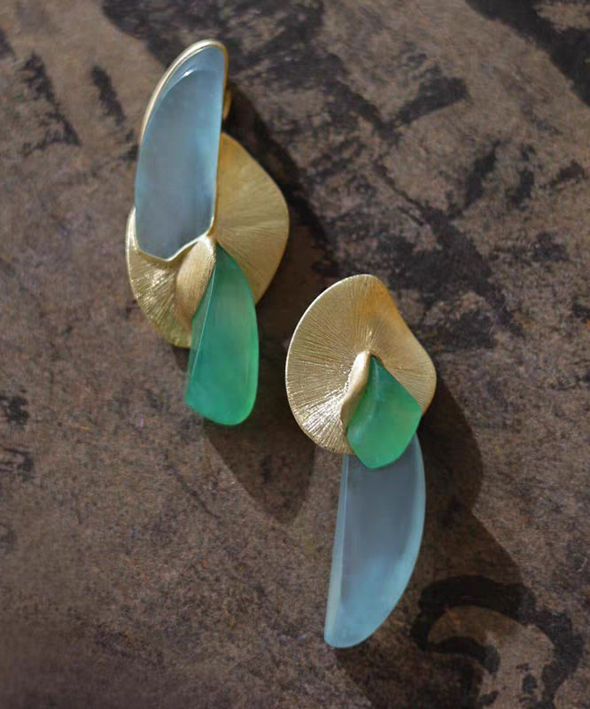 Elegant Colorblock Alloy Ginkgo Leaf Chalcedony Water Drop Drop Earrings