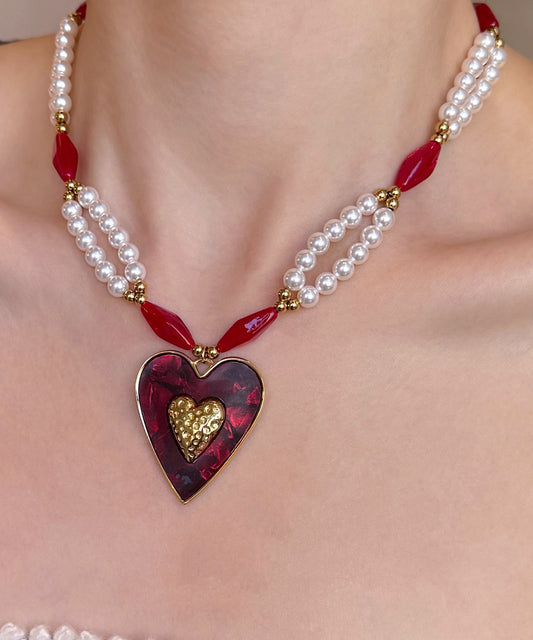 Elegant Colorblock Alloy Pearl Love Glass Bead Pendant Necklace
