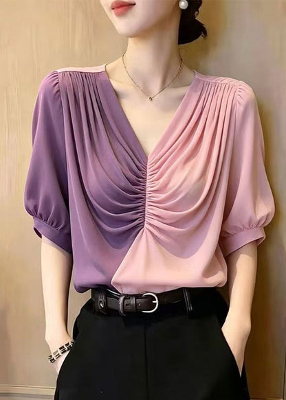 Elegant Colorblock Asymmetrical Patchwork Wrinkled Chiffon Blouse Tops Summer
