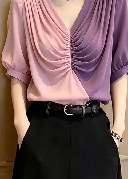 Elegant Colorblock Asymmetrical Patchwork Wrinkled Chiffon Blouse Tops Summer