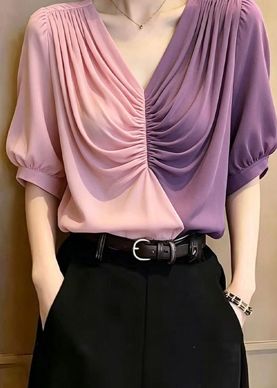 Elegant Colorblock Asymmetrical Patchwork Wrinkled Chiffon Blouse Tops Summer