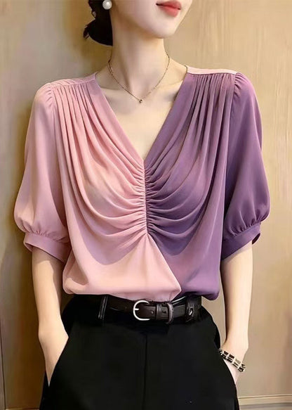 Elegant Colorblock Asymmetrical Patchwork Wrinkled Chiffon Blouse Tops Summer