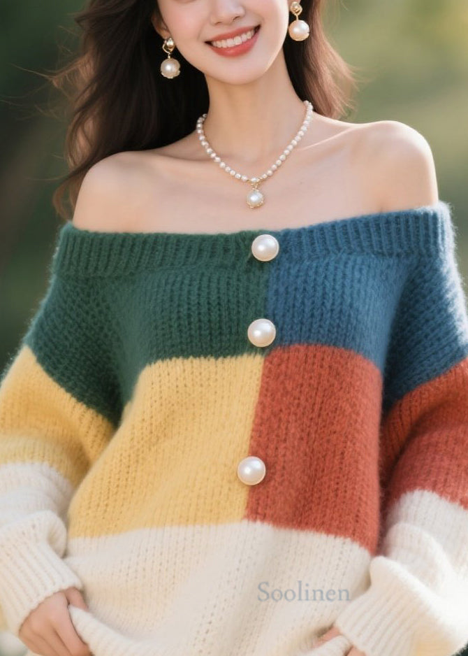 Elegant Colorblock Nail Bead Knit Sweater Tops Fall