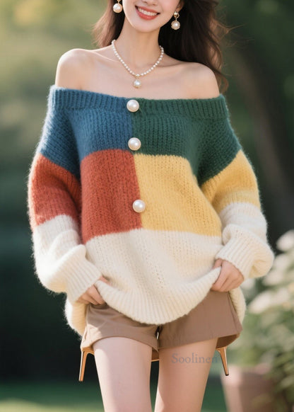 Elegant Colorblock Nail Bead Knit Sweater Tops Fall