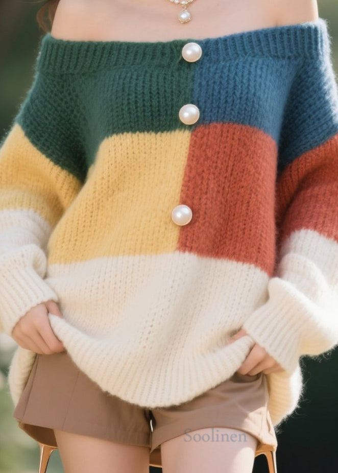 Elegant Colorblock Nail Bead Knit Sweater Tops Fall