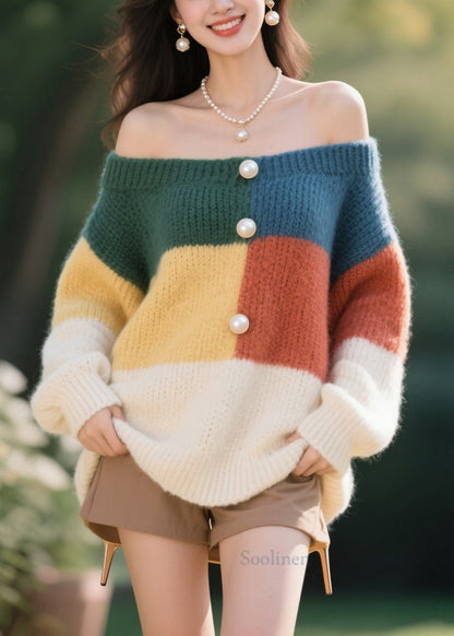 Elegant Colorblock Nail Bead Knit Sweater Tops Fall