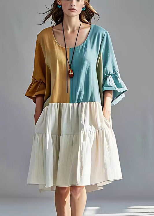 Elegant Colorblock Oversized Patchwork Cotton Pleated Dresses Summer