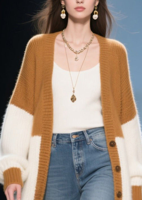 Elegant Colorblock Oversized Patchwork Faux Fur Knit Long Cardigans Winter