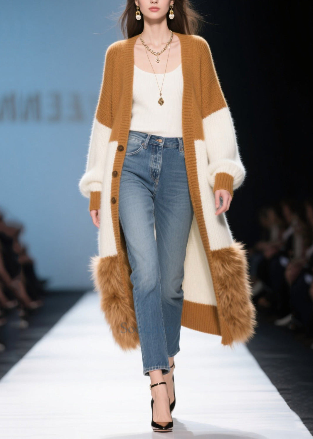 Elegant Colorblock Oversized Patchwork Faux Fur Knit Long Cardigans Winter