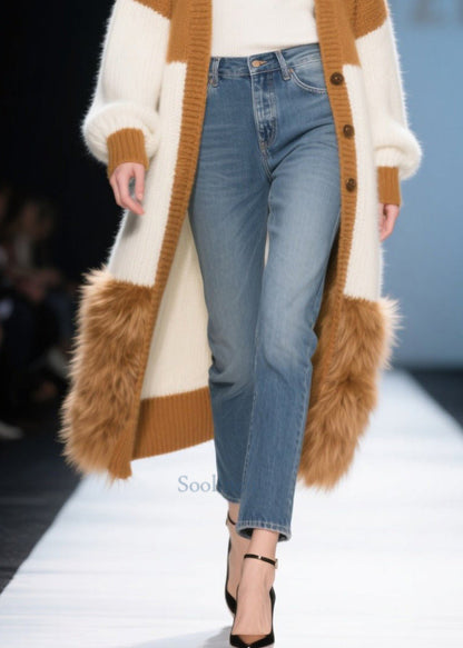 Elegant Colorblock Oversized Patchwork Faux Fur Knit Long Cardigans Winter