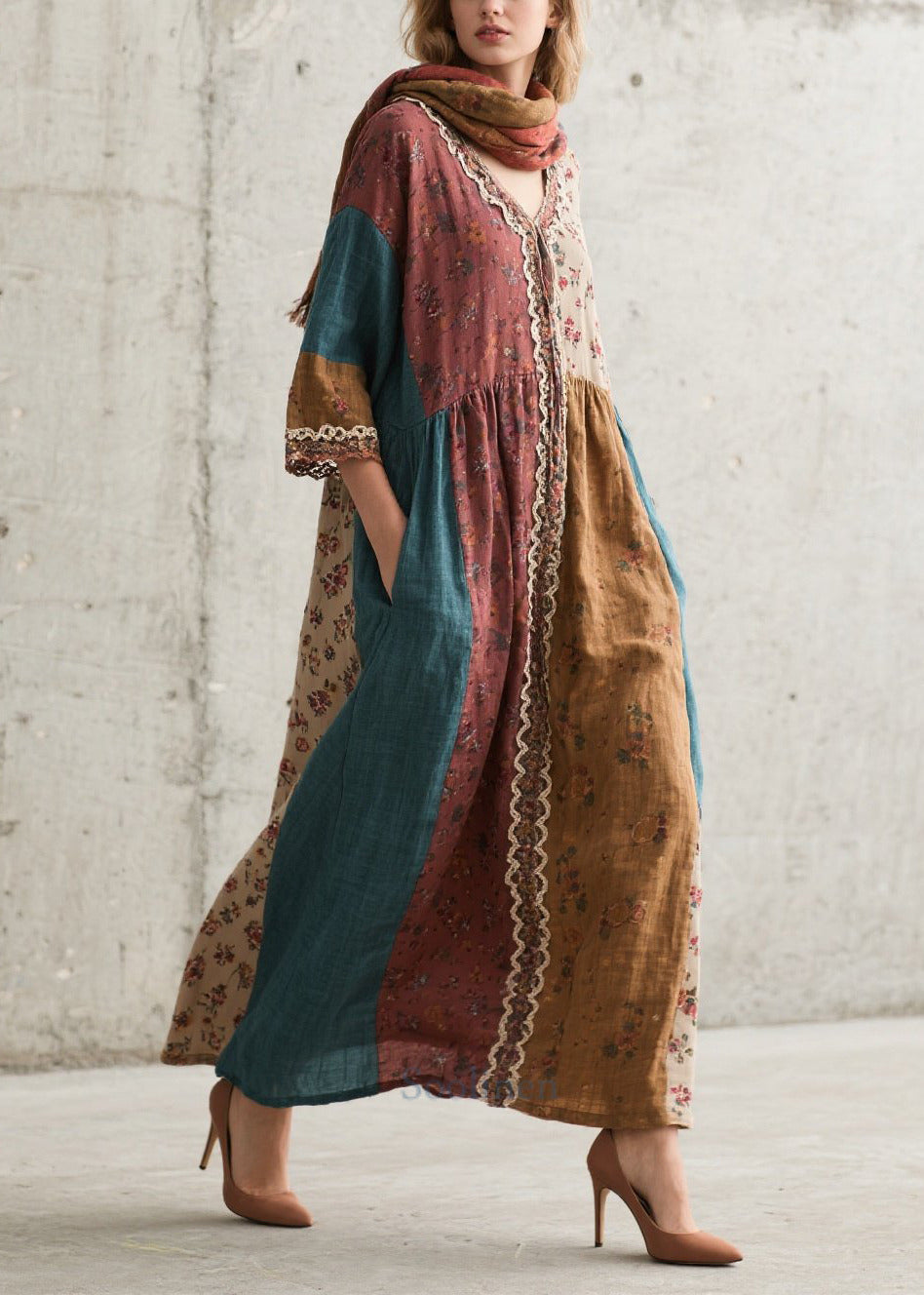 Elegant Colorblock Oversized Patchwork Print Cotton Dresses Summer