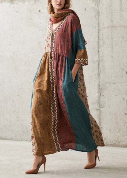 Elegant Colorblock Oversized Patchwork Print Cotton Dresses Summer