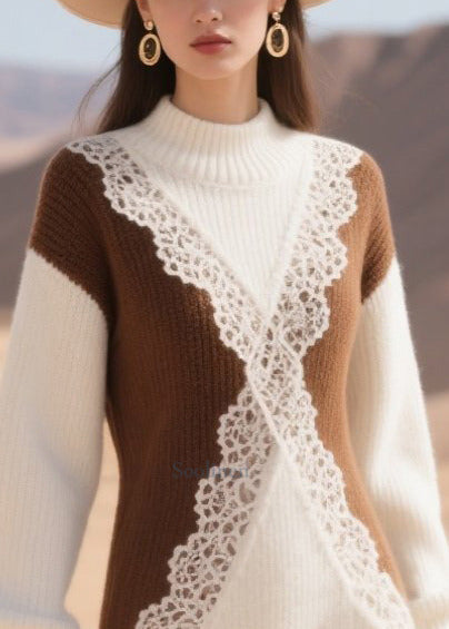 Elegant Colorblock Patchwork Lace Sweater Dress Winter