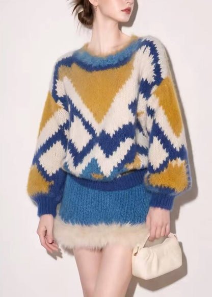 Elegant Colorblock Sweater And Faux Fur Hem Mini Skirt Two Piece Set Fall