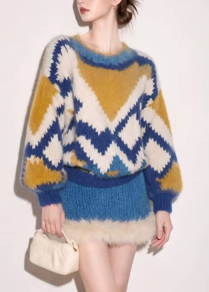 Elegant Colorblock Sweater And Faux Fur Hem Mini Skirt Two Piece Set Fall