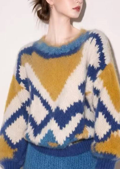 Elegant Colorblock Sweater And Faux Fur Hem Mini Skirt Two Piece Set Fall