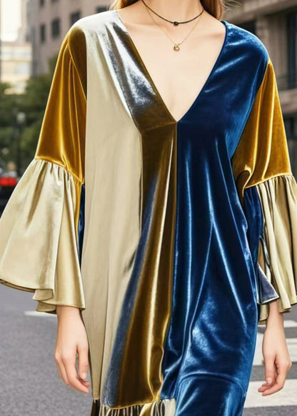 Elegant Colorblock V Neck Patchwork Silk Velvet Mid Dresses Spring
