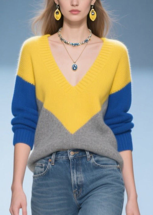 Elegant Colorblock V Neck Patchwork Warm Sweater Tops Winter