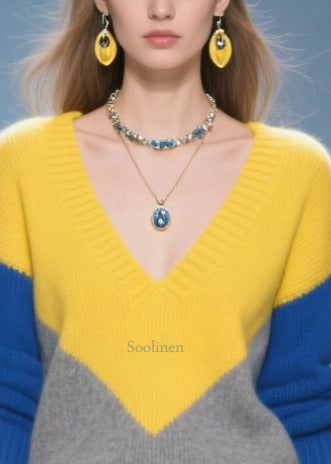 Elegant Colorblock V Neck Patchwork Warm Sweater Tops Winter